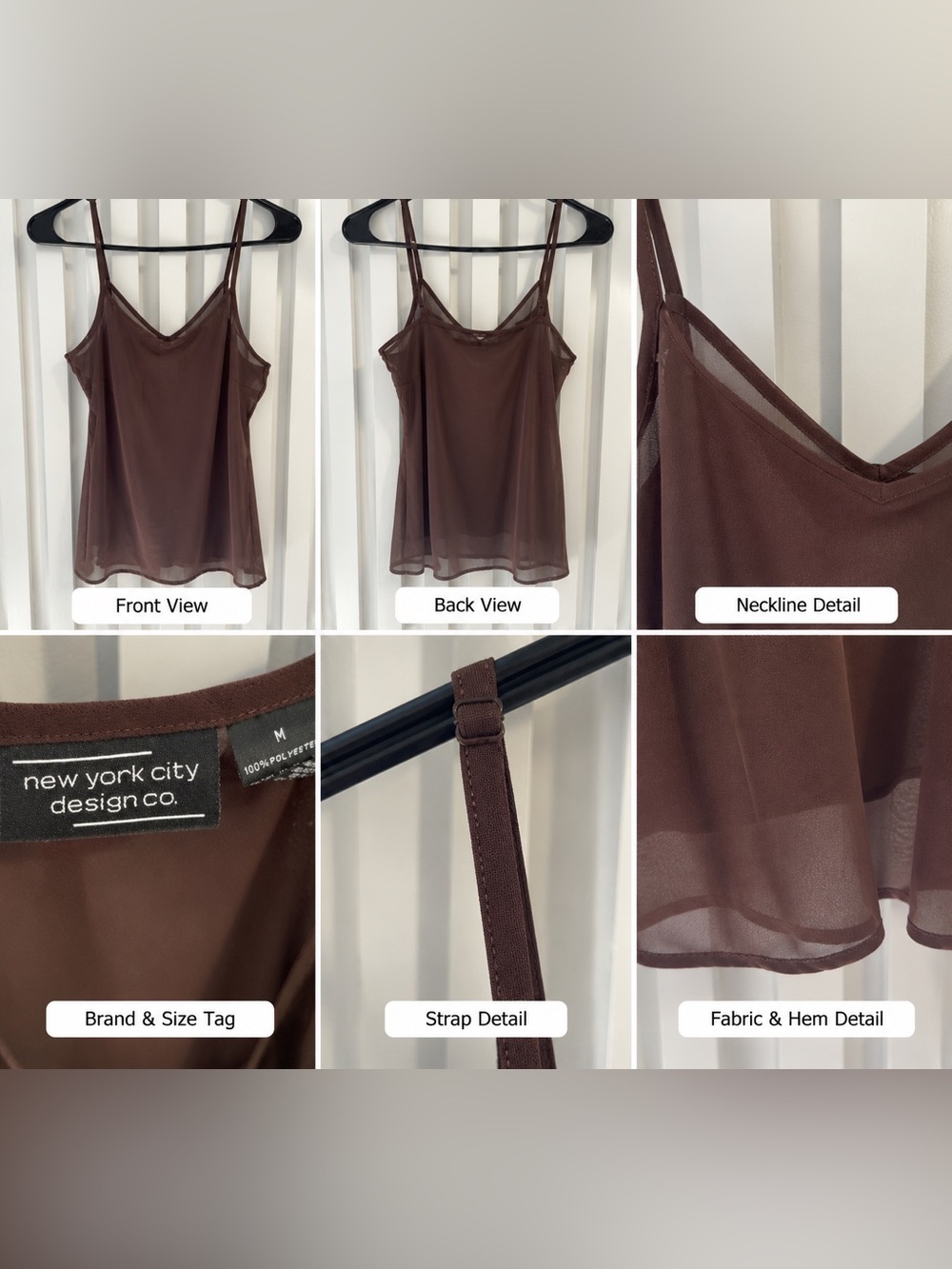 New York City Design Co. Brown Sheer V-Neck Camisole with Adjustable Straps